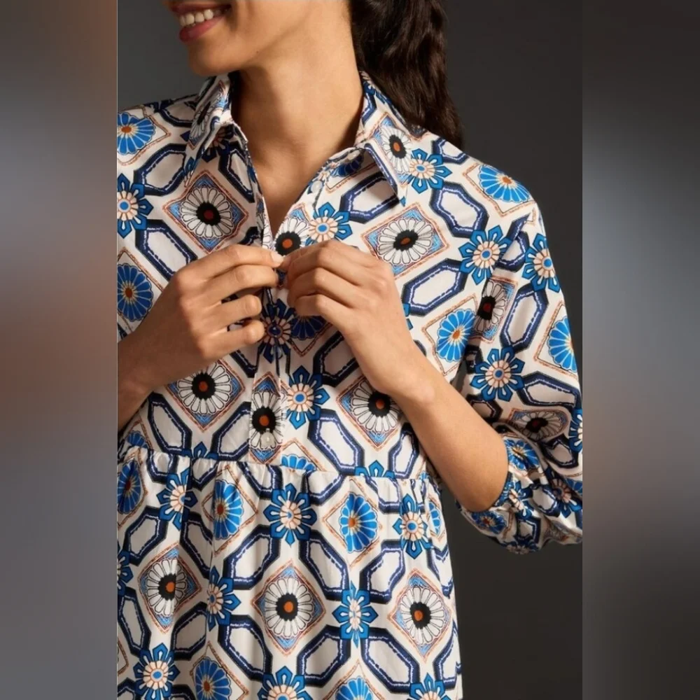 Anthropologie Maeve The Bettina in Sapphire White Tile Tiered Shirt Dress, Large - Picture 2 of 13